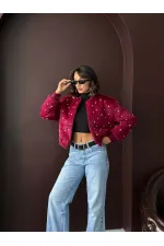Topshow - Veste bomber en fausse fourrure (vente en gros) - Détails perles - Bordeaux
