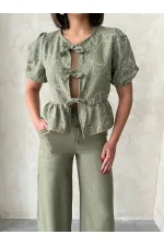 Önden Bağlamalı Nakışlı Toptan Bluz - Açık Haki | Topshow