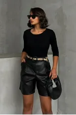 Kemerli Deri Toptan Şort - Siyah | TOPSHOW | F1497