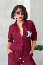 Chemise plissée à motif papillon en gros - Rouge bordeaux | Topshow