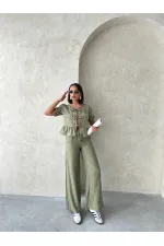 Önden Bağlamalı Nakışlı Toptan Bluz - Açık Haki | Topshow