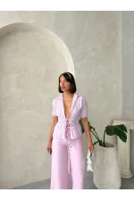 Önden Bağlamalı Çizgili Gömlek - Pembe Topshow