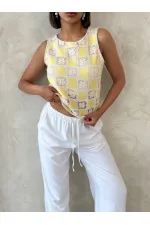 Kolsuz Dama Desen Tığ İşi Toptan Bluz - Sarı | Topshow