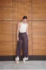 Pantalon en satin à pois avec ourlet en dentelle - Marron | D2970 - Topshow