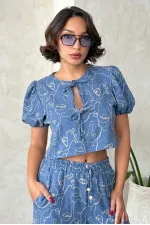 Embroidered Front Tie Wholesale Blouse - Dark Blue | Topshow