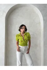 1 Fiyonklu Keten Toptan Gömlek - Fıstık Yeşili | Topshow