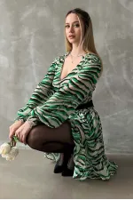 Leopar Çizgili Toptan Elbise - Zümrüt | TOPSHOW | F1591