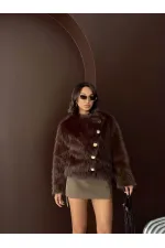 Topshow - Toptan Tavşan Tüyü Dügmeli Kaban - Koyu Kahve