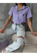 Topshow Lilac Striped Belt Detailed Striped Wholesale Shirt