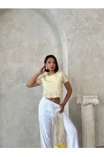 Kısa Kollu Dama Desen Tığ İşi Toptan Bluz - Sarı | Topshow