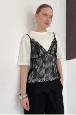 Penye Tunik Üstü Dantel Kısa Elbise - Krem | D3009 Topshow