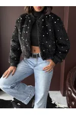 Topshow - Veste bomber en fausse fourrure (vente en gros) - Détails perles - Noire