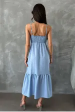 Robe longue Topshow bleue en lin à bretelles et col en V, vente en gros