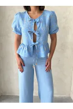 Önden Bağlamalı Nakışlı Toptan Bluz - Açık Mavi | Topshow