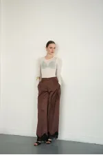 Wholesale Satin Trousers with Lace Hem - Coffee | D2969 - Topshow