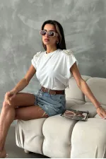 Topshow Krem Omuzu Dantelli Toptan T-Shirt