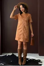 Topshow Drop Suede Wholesale Dress - Tan | F2039
