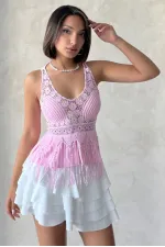 Güpür Detaylı Askılı Toptan Bluz   Pembe | Topshow