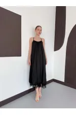 D 3022 DANTEL DETAYLI SATEN ELBİSE - SİYAH