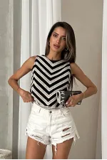 Topshow Raw Black Sleeveless Zebra Pattern Crochet Wholesale Blouse