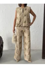 Topshow Nakışlı Keten Pantolon - Kahve | F2008