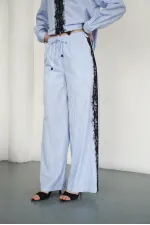 Lace Detail Striped Wholesale Trousers - Blue | F2083 - Topshow