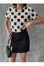 Topshow Raw Black Short Sleeve Checkerboard Pattern Crochet Wholesale Blouse