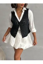 Topshow Siyah Düğmeli Dantelli Toptan Yelek