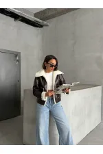 Manteau zippé en cuir laminé - Crème café | TOPSHOW | F1511