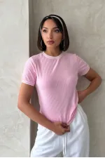 T-shirt à col rond rose crème | Topshow