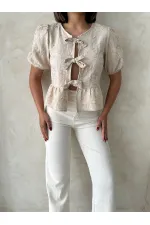 Önden Bağlamalı Nakışlı Toptan Bluz - Taş | Topshow