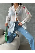 Embroidered Organza Wholesale Shirt - Cream | TOPSHOW | F1690