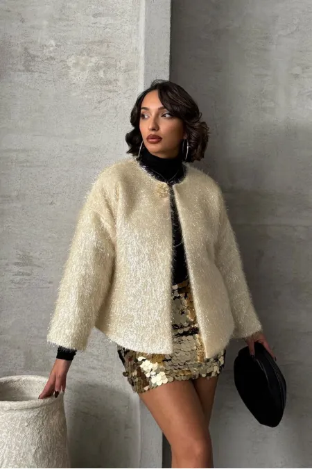 Simli Saçaklı Toptan Hırka - Krem | TOPSHOW | F1837