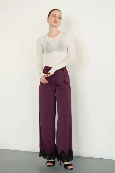 Wholesale Satin Trousers with Lace Hem - Coffee | D2969 - Topshow