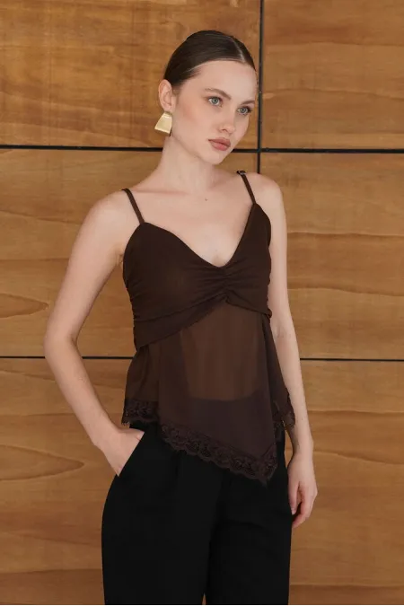 Strappy Lace Detail Tulle Wholesale Blouse - Coffee | D2979 - Topshow