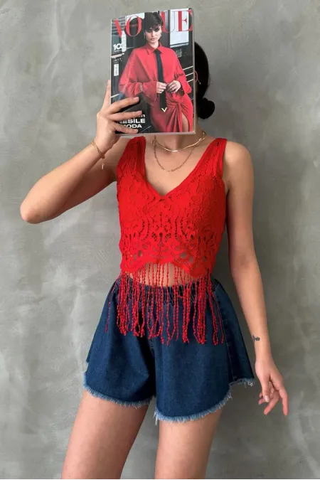 Wholesale V-Neck Bustier with Fringed Skirt - Red | TOPSHOW
