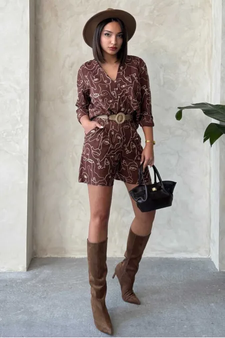 Nakışlı Toptan Şort - Kahve | Topshow