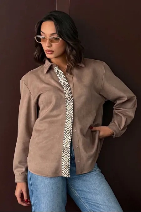 Topshow Striped Detail Scuba Suede Wholesale Shirt - Light Brown | F1973