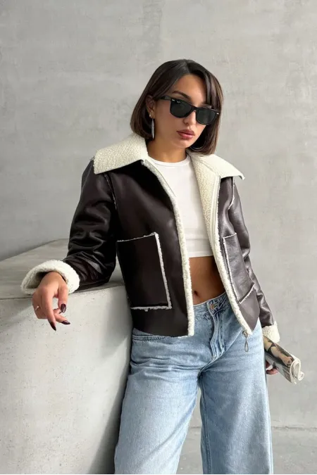 Manteau zippé en cuir laminé - Crème café | TOPSHOW | F1511