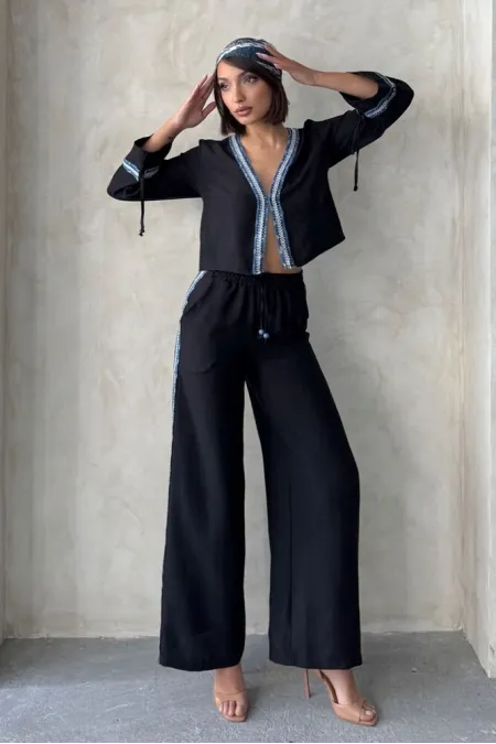 Pantalon rayé en denim noir en gros | Topshow | F1890