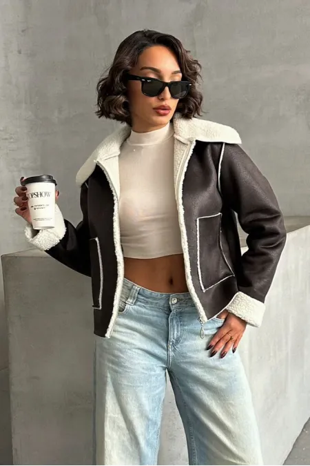 Süet Peluş Toptan Mont - Haki Krem | TOPSHOW | F1856