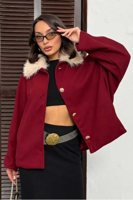 Manteau en cachemire boutonné à col peluche Topshow - Bordeaux | F2048