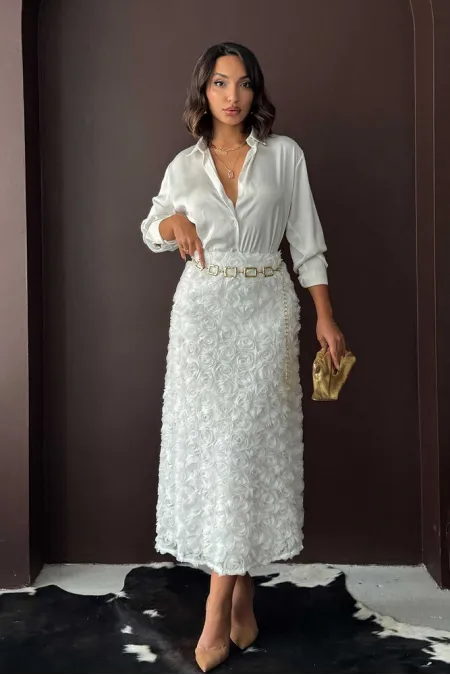 Topshow Rose Süzüneli Skirt - Ecru | F2005