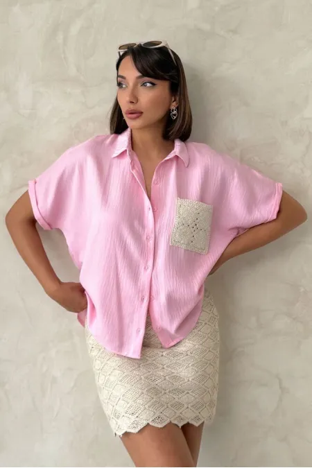 Chemise en lin rose avec poche appliquée (vente en gros) | Topshow