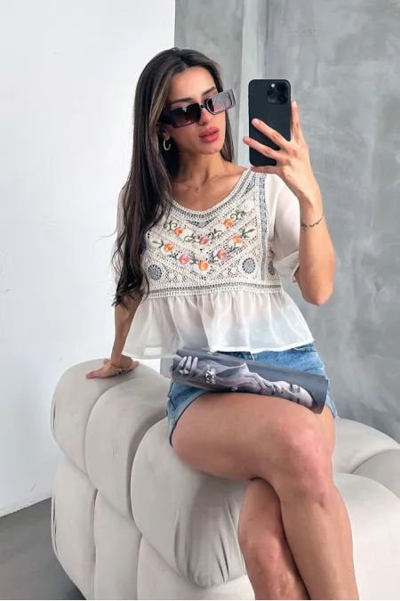 Topshow Stone Gray Embroidered Wholesale Blouse