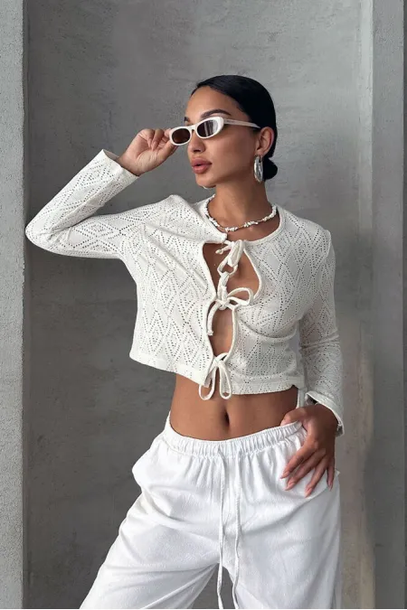 Wholesale Front-Tie Blouse - Cream | TOPSHOW | F1705