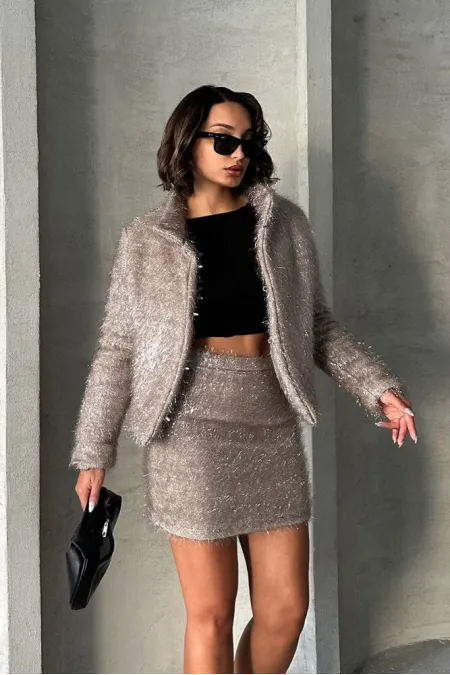 Manteau à franges pailletées en gros - Gris | TOPSHOW | F1838