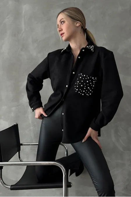 Wholesale Shirt with Stone Pocket - Black | TOPSHOW | F1617
