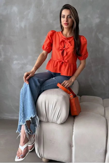 Topshow Orange Front Tie Poplin Wholesale Blouse