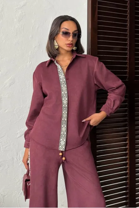 Topshow Stripe Detailed Scuba Suede Shirt - Claret Red | F1973